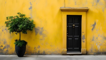 Wall Mural - Symbolic entrance of hope with a black door on vibrant yellow wall accented by a vibrant potted plant, representing new beginnings and opportunities