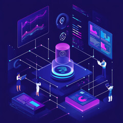 Wall Mural - Artificial intelligence analyzing business data and optimizing company operations. Isometric vector illustration, presented as a banner.