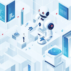 Wall Mural - Artificial intelligence analyzing business data and optimizing company operations. Isometric vector illustration, presented as a banner.