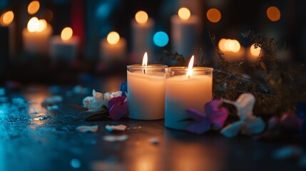 A heartfelt candlelight vigil commemorating lives lost, illuminated by warm candles and poignant messages against a somber backdrop.