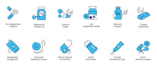 Sticker - Zinc Supplement Capsule, Magnesium Powder Jar, Calcium Tablet, Iron Supplement, Selenium Serum, Copper Mineral Bar, Manganese Energy Drink, Chromium Metabolism Boost, Lithium Capsule vector icon set