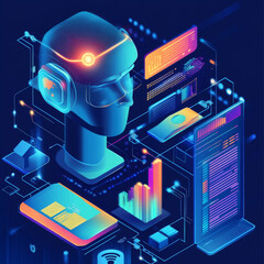 Poster - Artificial intelligence analyzing business data and optimizing company operations. Isometric vector illustration, presented as a banner.