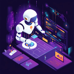 Poster - Artificial intelligence analyzing business data and optimizing company operations. Isometric vector illustration, presented as a banner.