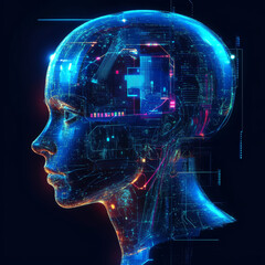 Wall Mural - Artificial intelligence concept illustration: a face with a digital cybernetic brain, connected to a virtual interface via a neural network. Depicts a futuristic cyberpunk intellect.