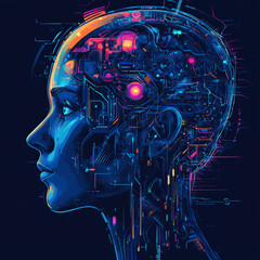 Wall Mural - Artificial intelligence concept illustration: a face with a digital cybernetic brain, connected to a virtual interface via a neural network. Depicts a futuristic cyberpunk intellect.