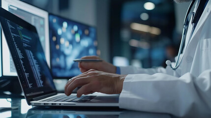 Poster - a doctor working on a modern laptop computer making a report about patient condition or doing some r