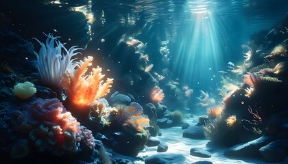 Mystical underwater realm of bioluminescent coral, enchanting creatures, and sunlight streaming through the deep ocean waters