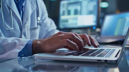 Poster - a doctor working on a modern laptop computer making a report about patient condition or doing some r