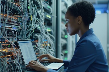 a female african american it engineer works in a data center, analyzing network configurations on he