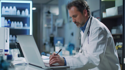 Poster - a doctor working on a modern laptop computer making a report about patient condition or doing some research, use of modern digital technology in medical field 