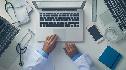 Poster - a doctor working on a modern laptop computer making a report about patient condition or doing some research, use of modern digital technology in medical field 