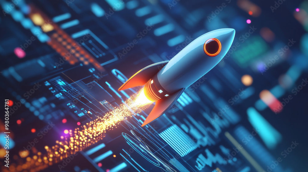 Futuristic rocket launching against a blue background with dashboard ...