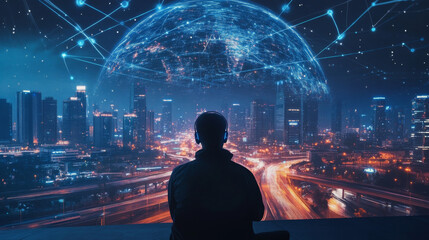 Wall Mural - Artificial intelligence observing a smart city, connected to the planet via global mobile internet on a phone. AI manages city infrastructure, monitors data traffic, and ensures safety. 