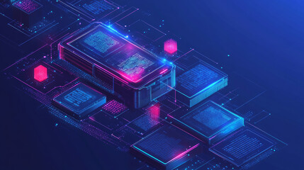 Poster - accounting, big data, and blockchain technology presented in an isometric view. mobile phone showcas