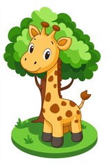 Sticker - Cute Cartoon Giraffe Standing Under a Tree