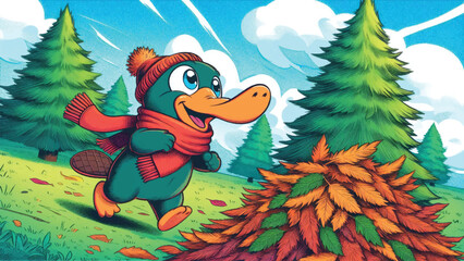 Platypus wearing a scarf and excitedly running towards a pile of FIR leaves 