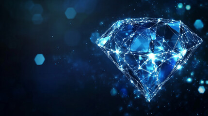 Fototapete - Illuminated polygonal diamond against a dark blue backdrop. A digitally rendered diamond featuring a network of interconnected points, representing complexity and connectivity. Vector illustration.