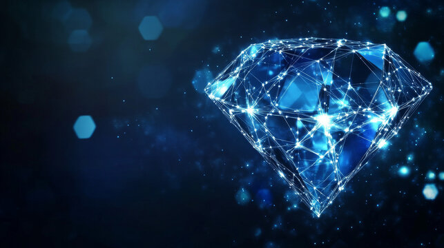 Illuminated polygonal diamond against a dark blue backdrop. A digitally rendered diamond featuring a network of interconnected points, representing complexity and connectivity. Vector illustration.