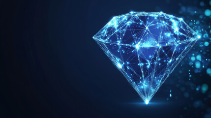 Illuminated polygonal diamond against a dark blue backdrop. A digitally rendered diamond featuring a network of interconnected points, representing complexity and connectivity. Vector illustration.