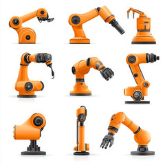 Poster - Automated orange robotic arms or industrial 3D manipulators isolated on a white background. Hydraulic mechanical robots used in factories, resembling machine cranes or automation hands. 