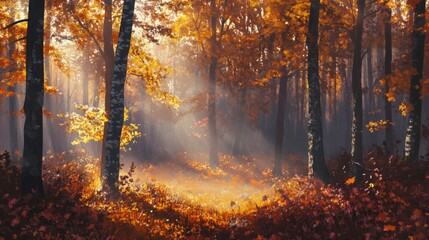 Poster - Sunlight streams through the canopy of vibrant autumn trees, illuminating the forest floor covered in fallen leaves. The warm colors create a serene atmosphere in nature during late afternoon.