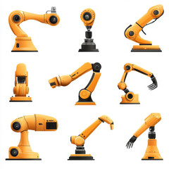 Poster - Automated orange robotic arms or industrial 3D manipulators isolated on a white background. Hydraulic mechanical robots used in factories, resembling machine cranes or automation hands. 