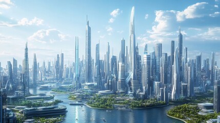 Wall Mural - Futuristic Cityscape with Towering Skyscrapers and Advanced Technology