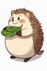 Canvas Print - Cute Cartoon Hedgehog Holding Green Leaves