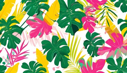 Wall Mural - Tropical Leaves Pattern in Vibrant Green, Pink, and Yellow with Abstract Shapes and Color Splashes, Capturing the Essence of Nature and Summer