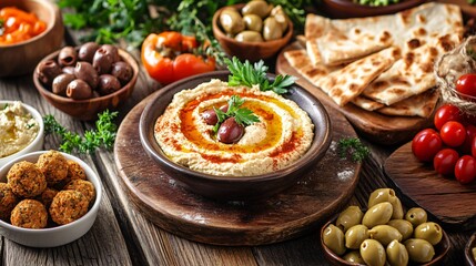 Hummus with pita bread, olives, and falafel.