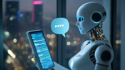 Poster - AI chatbot interacting with customers via a mobile phone. Image of a robot woman on the screen of the phone clicking on a speech bubble. Artificial intelligence female cyborg providing support to user
