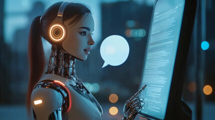 Poster - AI chatbot interacting with customers via a mobile phone. Image of a robot woman on the screen of the phone clicking on a speech bubble. Artificial intelligence female cyborg providing support to user