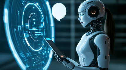 Poster - AI chatbot interacting with customers via a mobile phone. Image of a robot woman on the screen of the phone clicking on a speech bubble. Artificial intelligence female cyborg providing support to user