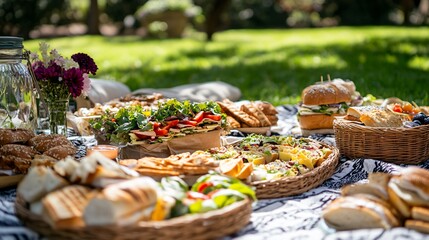 Picnic basket full of delicious food, sandwiches, and salads, with a beautiful bouquet of flowers in the background.