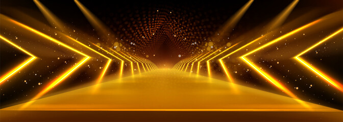 Poster - gold colored stage runway with neon arrow lamps and spotlight for winner award ceremony or product p