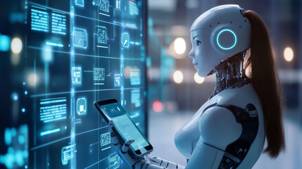 Poster - AI chatbot interacting with customers via a mobile phone. Image of a robot woman on the screen of the phone clicking on a speech bubble. Artificial intelligence female cyborg providing support to user