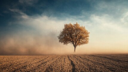 Fototapete - A lone tree rises above a mist-covered field at dawn, enveloped in soft fog with warm golden tones illuminating the landscape. The tranquil atmosphere captures a serene moment in nature.