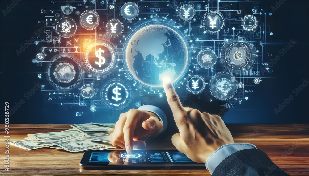 Online banking and digital money concept with man finger on virtual ...