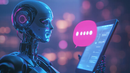 Poster - AI chatbot interacting with customers via a mobile phone. Image of a robot woman on the screen of the phone clicking on a speech bubble. Artificial intelligence female cyborg providing support to user