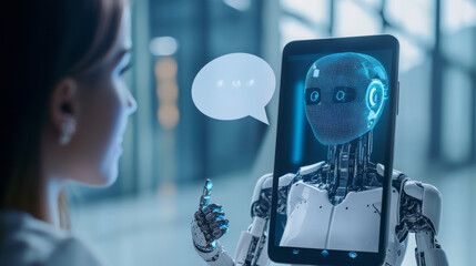 Poster - AI chatbot interacting with customers via a mobile phone. Image of a robot woman on the screen of the phone clicking on a speech bubble. Artificial intelligence female cyborg providing support to user