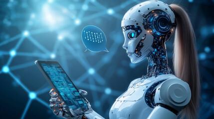 Poster - AI chatbot interacting with customers via a mobile phone. Image of a robot woman on the screen of the phone clicking on a speech bubble. Artificial intelligence female cyborg providing support to user