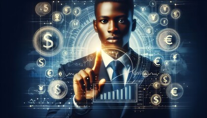 Online banking and digital money concept with man finger on virtual touch screen interface with central bank layout surrounded currency signs: dollar, euro, ruble and yen on abstract background