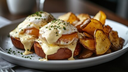 Wall Mural - Delicious Eggs Benedict with Crispy Potatoes