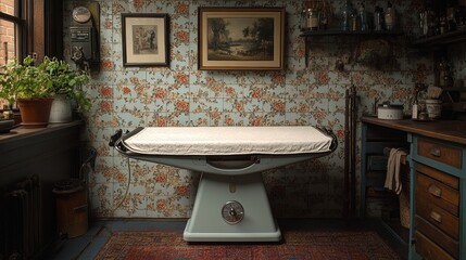 Wall Mural - Vintage examination room with an old medical table and floral wallpaper.