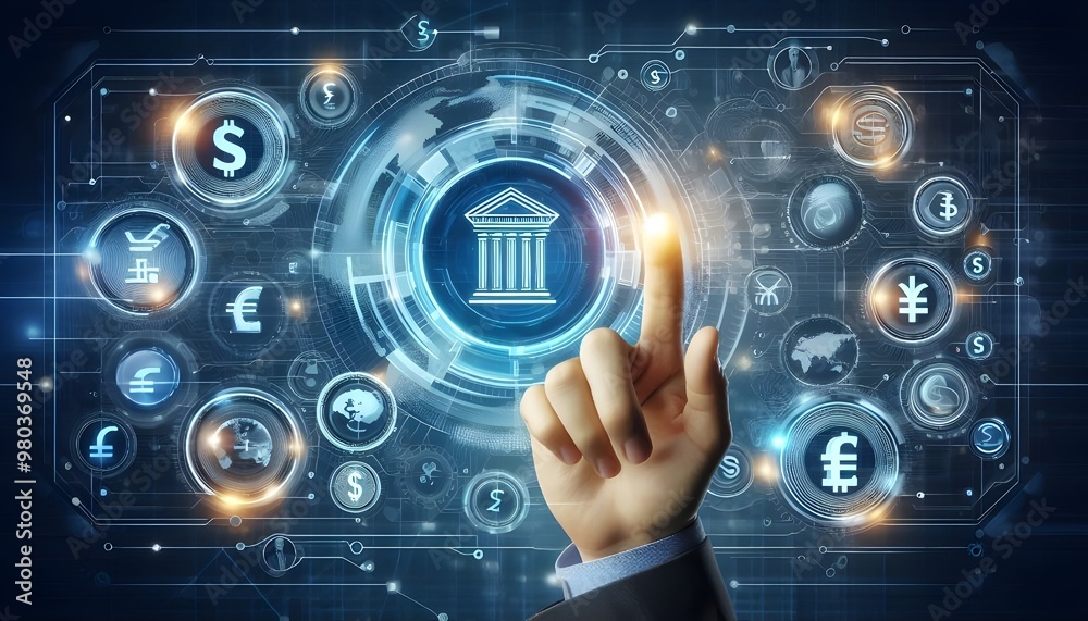 Online banking and digital money concept with man finger on virtual ...