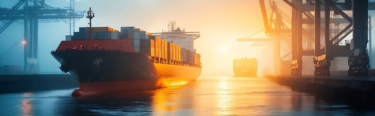 A large cargo ship sails out of a harbor at sunrise, illuminated by golden light. The ship is laden with containers, and the harbor is filled with cranes and other industrial equipment.