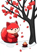 Poster - Cute Red Fox Under a Cherry Blossom Tree