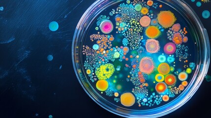 Aufkleber - A petri dish filled with vibrant microbial colonies showcases diverse circular patterns and colors. This intriguing display highlights the beauty of microbiological growth in a laboratory setting.