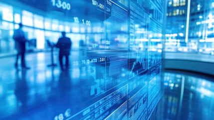 Poster - A blue screen with a lot of numbers and a man and woman standing in front of it. Scene is busy and professional