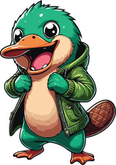 platypus wearing green jacket and excited 